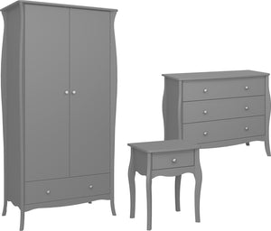 Baroque Nightstand + 3drw Wide Chest + 2dr 1Drw Robe Grey