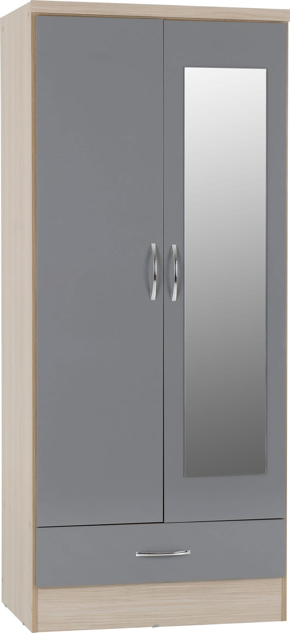 Utah Mirrored 2 Door 1 Drawer Wardrobe - Grey Gloss/Light Oak Effect Veneer