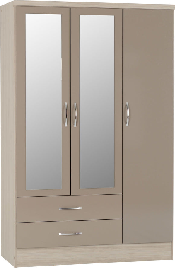 Utah 3 Door 2 Drawer Mirrored Wardrobe - Oyster Gloss/Light Oak Effect Veneer