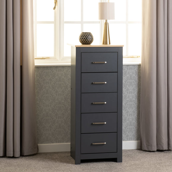 Vancouver 5 Drawer Narrow Chest - Grey/Oak Effect