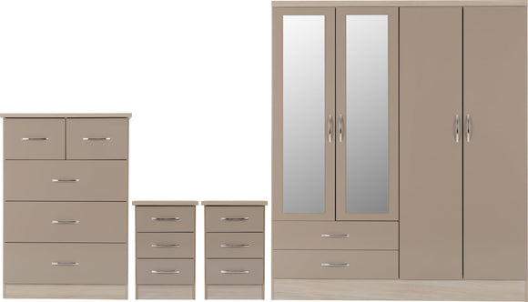 Utah 4 Door 2 Drawer Mirrored Wardrobe Bedroom Set - Oyster Gloss/Light Oak Effect Veneer