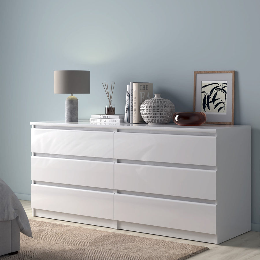 Naia Wide Chest of 6 Drawers (3+3) in White High Gloss – Pine