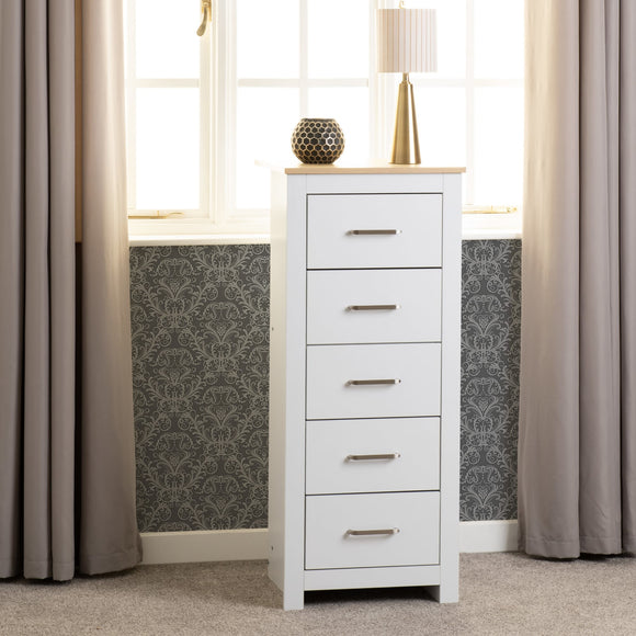 Vancouver 5 Drawer Narrow Chest - White/Oak Effect