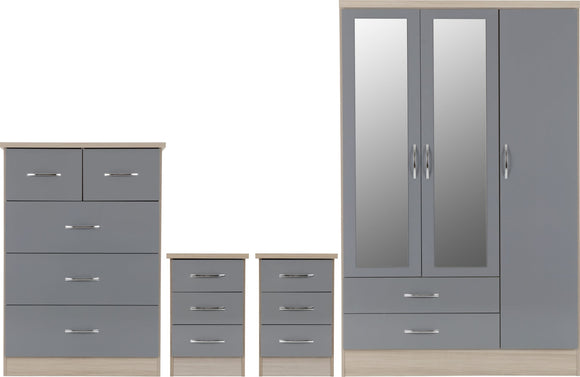 Utah 3 Door 2 Drawer Mirrored Wardrobe Bedroom Set - Grey Gloss/Light Oak Effect Veneer