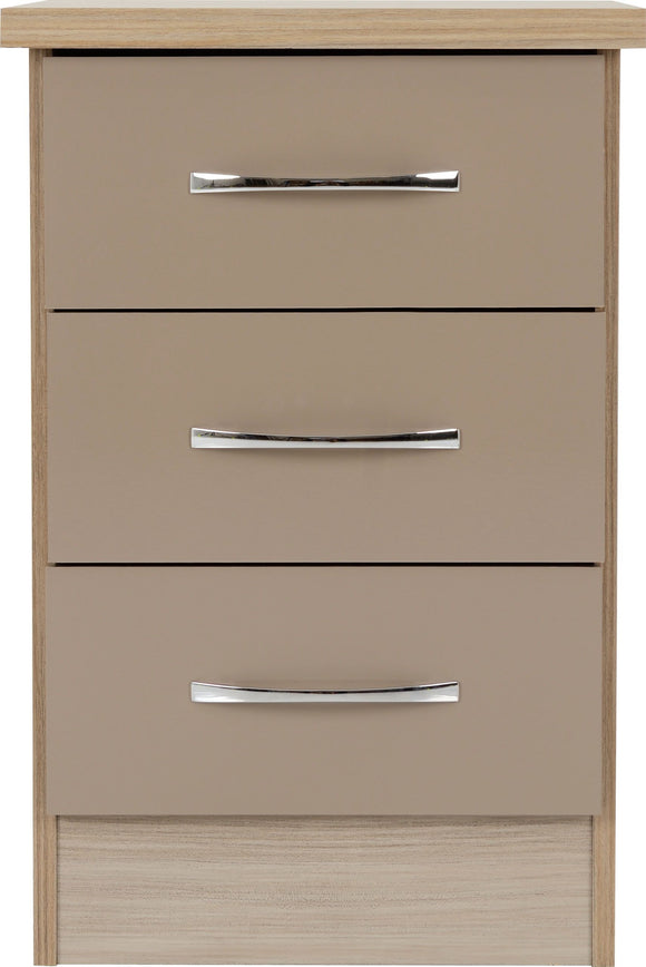 Utah 3 Drawer Bedside - Oyster Gloss/Light Oak Effect Veneer
