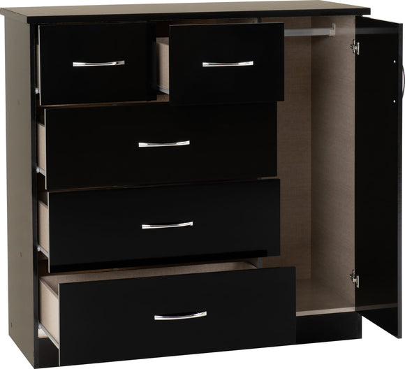Utah 5 Drawer Low Wardrobe - Black Gloss