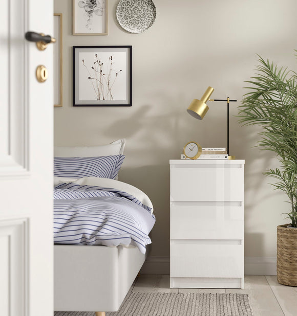 Naia Bedside 3 Drawers in White High Gloss