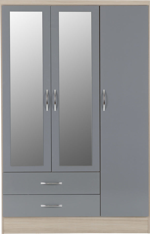 Utah 3 Door 2 Drawer Mirrored Wardrobe - Grey Gloss/Light Oak Effect Veneer