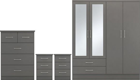 Utah 4 Door 2 Drawer Mirrored Wardrobe Bedroom Set - 3D Effect Grey