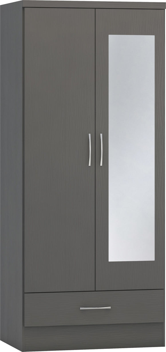 Utah Mirrored 2 Door 1 Drawer Wardrobe - 3D Effect Grey