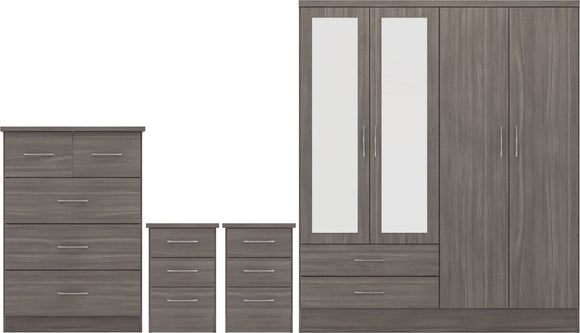 Utah 4 Door 2 Drawer Mirrored Wardrobe Bedroom Set - Black Wood Grain