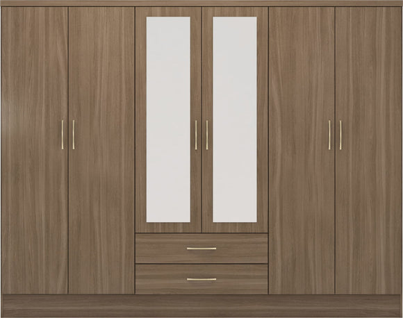 Utah 6 Door 2 Drawer Mirrored Wardrobe - Rustic Oak Effect