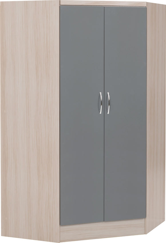 Utah 2 Door Corner Wardrobe - Grey Gloss/Light Oak Effect Veneer