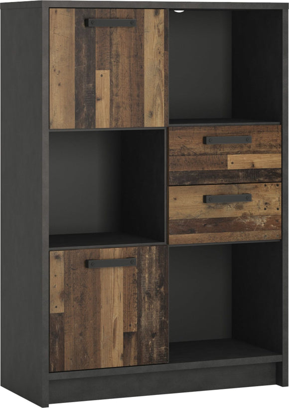 Brooklyn Low Bookcase with 2 Doors and 2 Drawers in Walnut and Dark Matera Grey