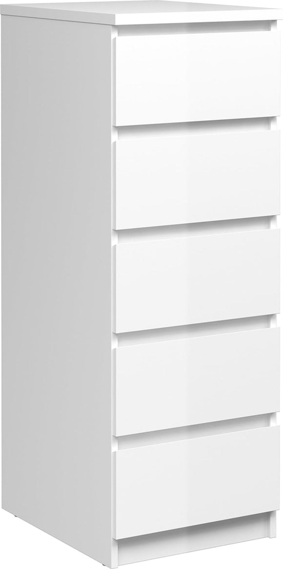 Naia Narrow Chest of 5 Drawers in White High Gloss