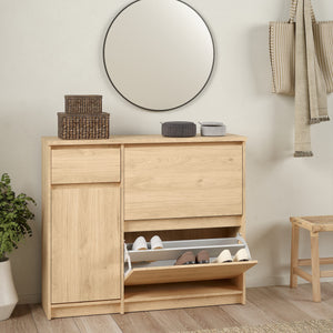 Naia Shoe Cabinet with 2 Flip Down Doors 1 Door and 1 Drawer in Jackson Hickory Oak