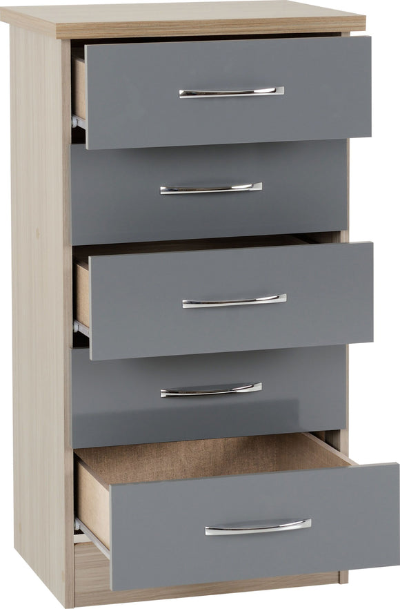 Utah 5 Drawer Narrow Chest - Grey Gloss/Light Oak Effect Veneer