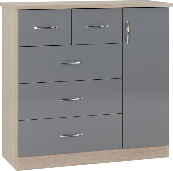 Utah 5 Drawer Low Wardrobe - Grey Gloss/Light Oak Effect Veneer