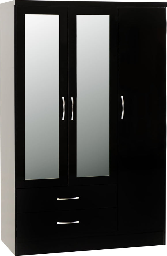 Utah 3 Door 2 Drawer Mirrored Wardrobe - Black Gloss