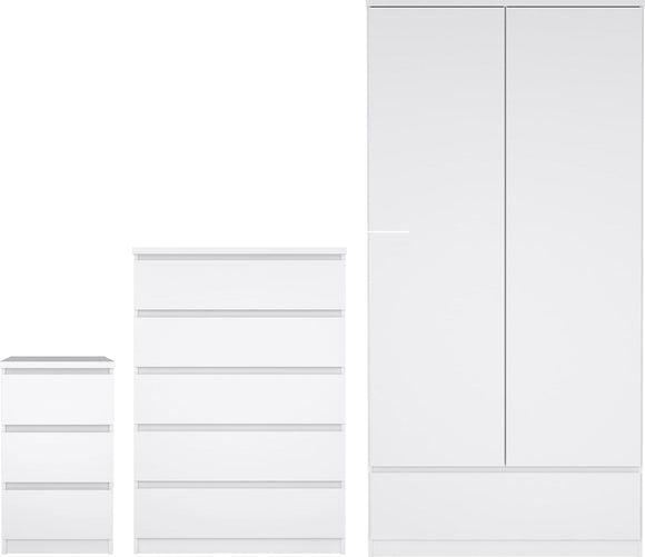 Naia Package - Bedside 3 Drawers + Chest of 5 Drawers + Wardrobe with 2 Doors + 1 Drawer in White High Gloss
