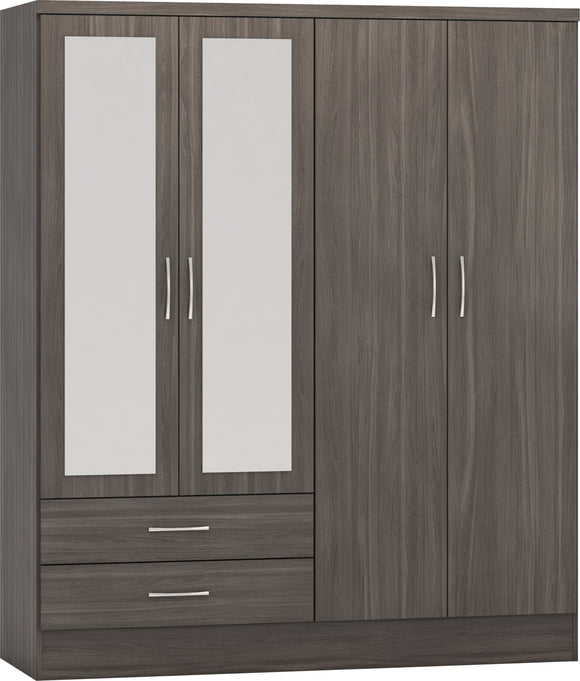 Utah 4 Door 2 Drawer Mirrored Wardrobe - Black Wood Grain
