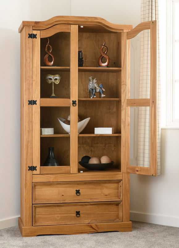 Corona Mexican Pine 2 Door 2 Drawer Glass Display Unit