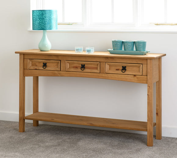 Corona Mexican Pine 3 Drawer Console Table With Shelf