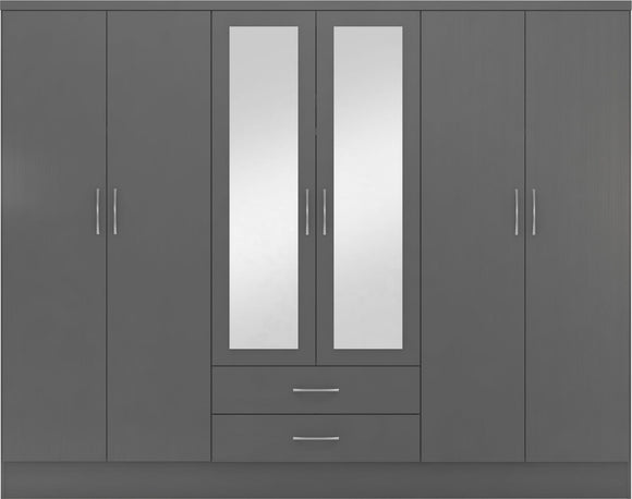 Utah 6 Door 2 Drawer Mirrored Wardrobe - 3D Effect Grey