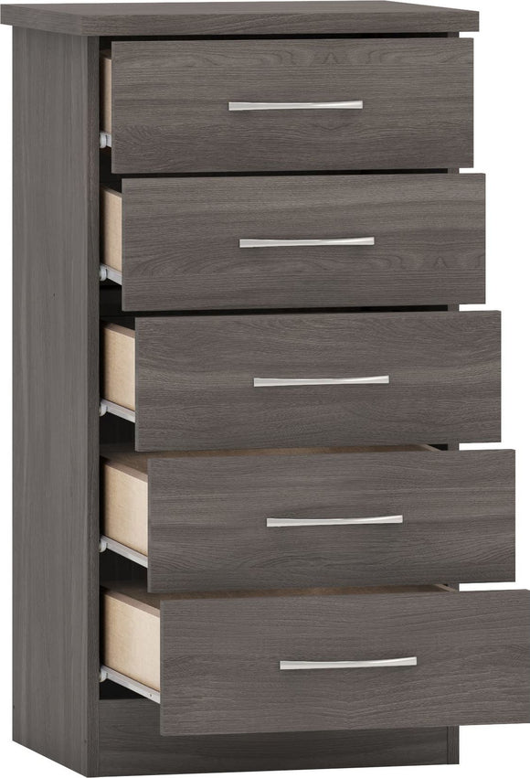 Utah 5 Drawer Narrow Chest - Black Wood Grain