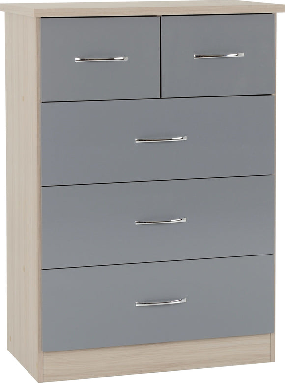 Utah 3+2 Drawer Chest - Grey Gloss/Light Oak Effect Veneer