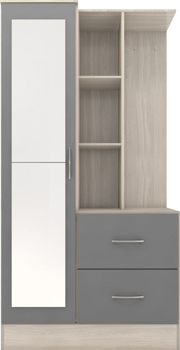 Utah Mirrored Open Shelf Wardrobe - Grey Gloss/Light Oak Effect Veneer