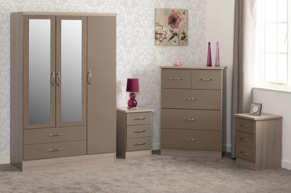 Utah 3 Door 2 Drawer Mirrored Wardrobe Bedroom Set - Oyster Gloss/Light Oak Effect Veneer