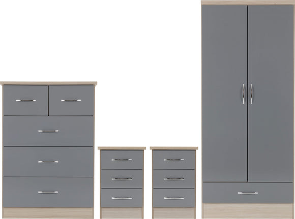 Utah 2 Door 1 Drawer Wardrobe Bedroom Set - Grey Gloss/Light Oak Effect Veneer