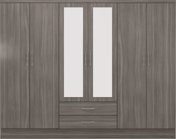 Utah 6 Door 2 Drawer Mirrored Wardrobe - Black Wood Grain