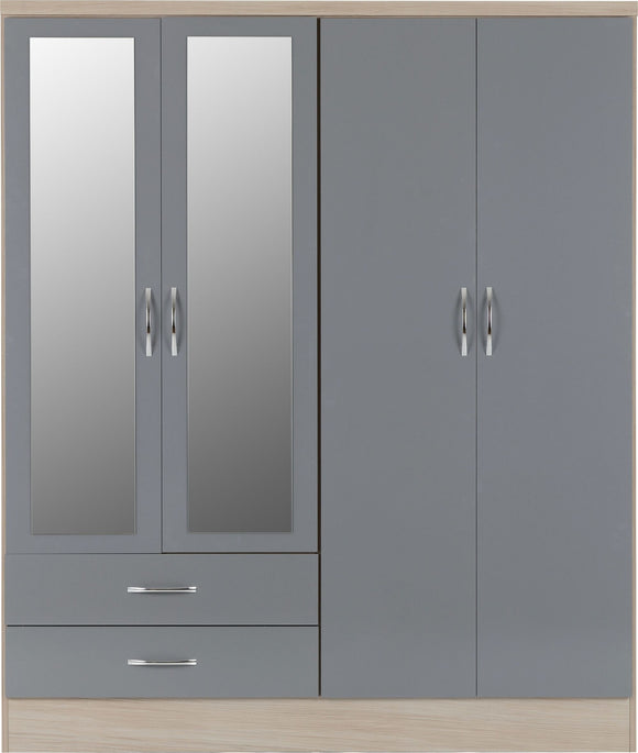 Utah 4 Door 2 Drawer Mirrored Wardrobe - Grey Gloss/Light Oak Effect Veneer