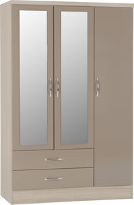 Utah 3 Door 2 Drawer Mirrored Wardrobe - Oyster Gloss & Light Oak