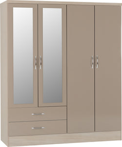 Utah 4 Door 2 Drawer Mirrored Wardrobe - Oyster Gloss & Light Oak