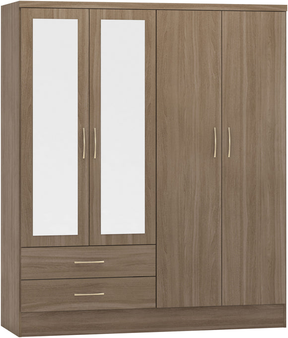 Utah 4 Door 2 Drawer Mirrored Wardrobe - Rustic Oak