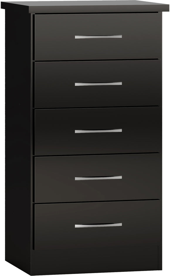 Utah 5 Drawer Narrow Chest - Black Gloss