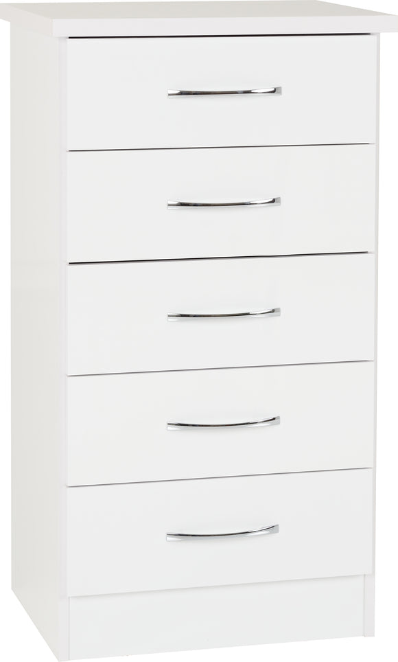 Utah 5 Drawer Narrow Chest - White Gloss