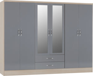 Utah 6 Door 2 Drawer Mirrored Wardrobe - Grey & Oak