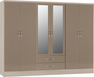Utah 6 Door 2 Drawer Mirrored Wardrobe - Oyster Gloss & Light Oak
