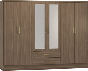 Utah 6 Door 2 Drawer Mirrored Wardrobe - Rustic Oak