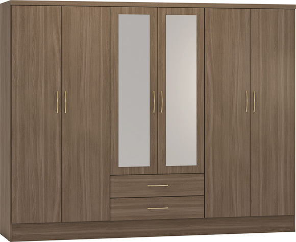 Utah 6 Door 2 Drawer Mirrored Wardrobe - Rustic Oak