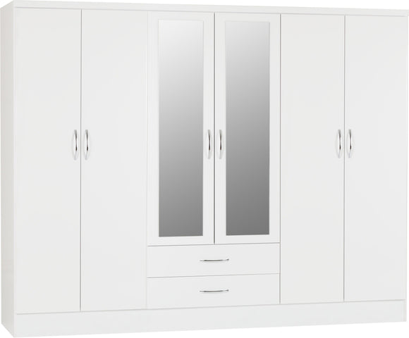 Utah 6 Door 2 Drawer Mirrored Wardrobe - White Gloss
