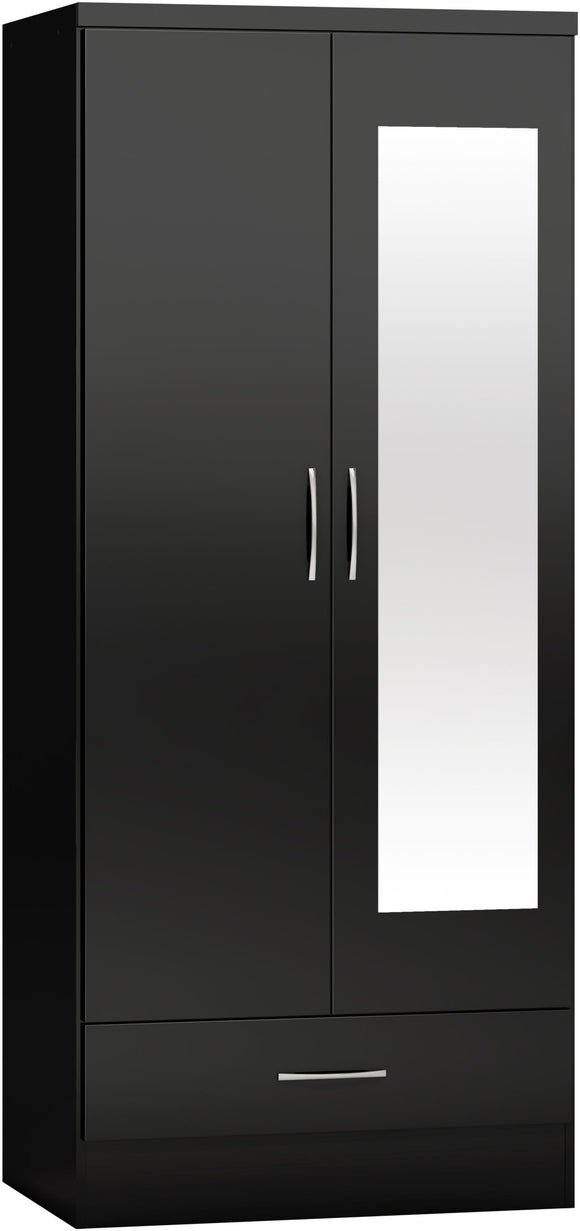 Utah 2 Door 1 Drawer Mirrored Wardrobe - Black Gloss