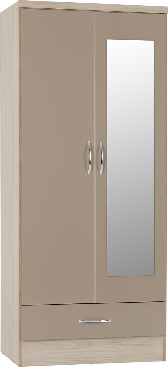 Utah 2 Door 1 Drawer Mirrored Wardrobe - Oyster Gloss & Light Oak