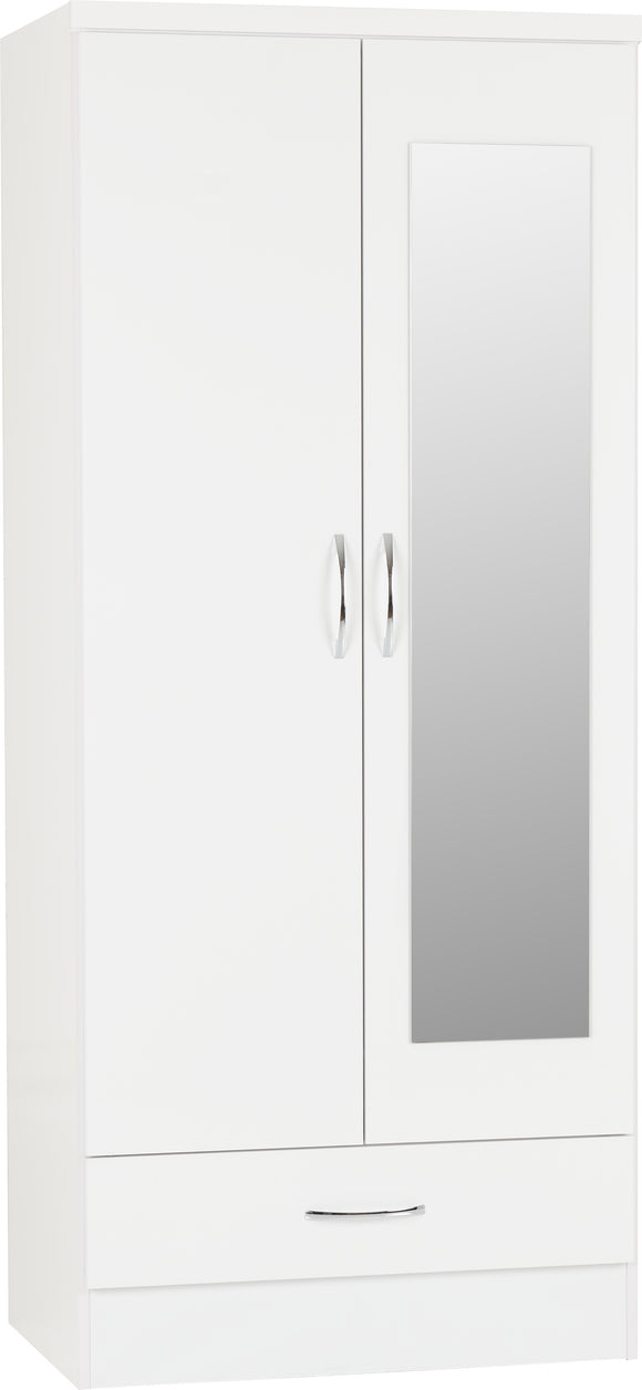 Utah 2 Door 1 Drawer Mirrored Wardrobe - White Gloss