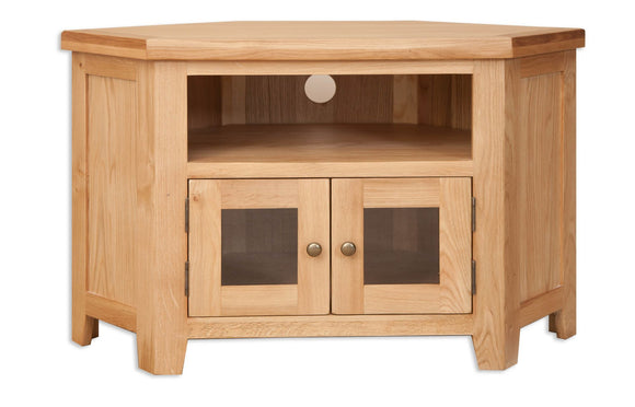 Canberra Oak Corner Glass Door TV Unit - Natural Finish
