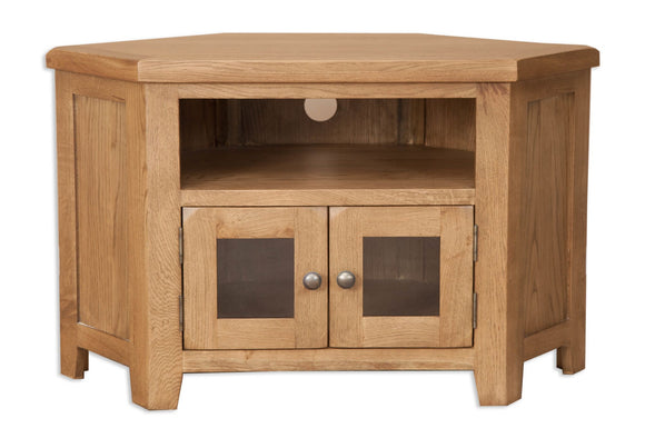 Canberra Oak Corner Glass Door TV Unit - Rustic Finish